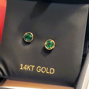 Authentic Solid 14K Gold Bezel Studs | Vibrant Emerald Green CZ - NIB